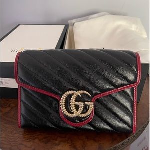 GUCCI New Marmont black red leather shoulder small bag,wallet on chain Authentic